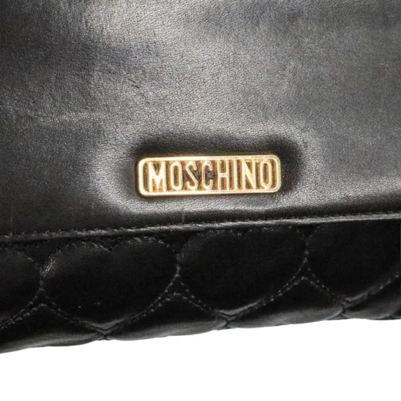 Vintage MOSCHINO Black Leather Heart Stitched Shoulder Satchel Handbag - Picture 3 of 9